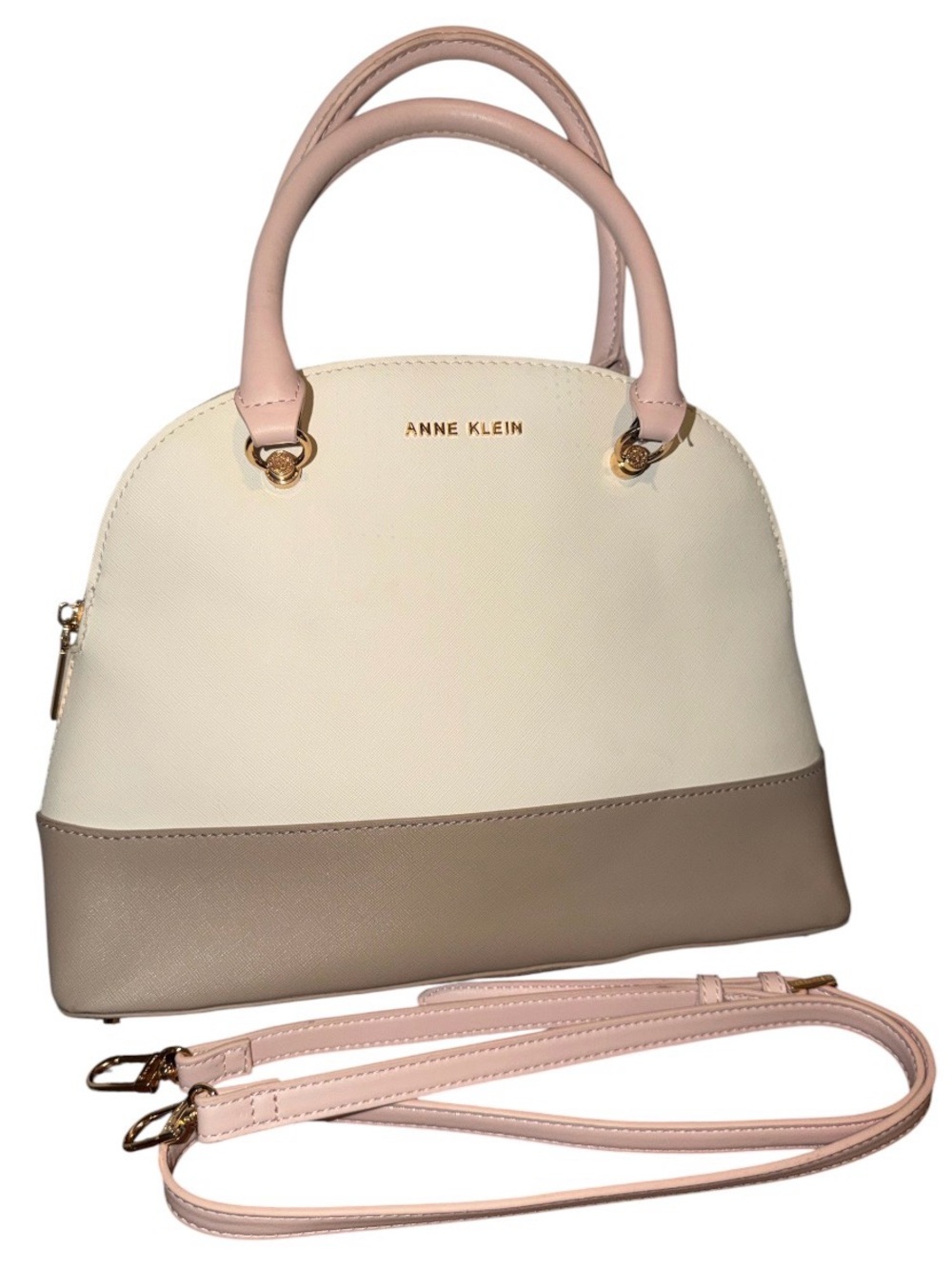 Anne Klein Cream and Taupe Dome Satchel with Pale Pink Strap - Picture 1 of 10